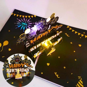 Cartes d'anniversaire feux d'artifice, gâteau pop-up lumière et musique, carte de joyeux anniversaire, carte pour papa, amis, homme, carte de musique d'anniversaire pop-up 3D image 3