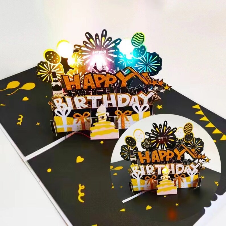Cartes d'anniversaire feux d'artifice, gâteau pop-up lumière et musique, carte de joyeux anniversaire, carte pour papa, amis, homme, carte de musique d'anniversaire pop-up 3D image 2