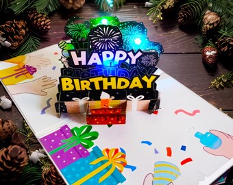 Cartes d'anniversaire 3D, carte de gâteau d'anniversaire avec lumière LED chaude pour jouer de la musique, cartes de voeux musicales pour maman, femme, soeur, garçon, amies