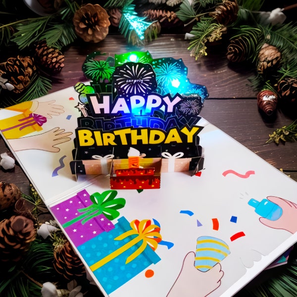 Cartes d'anniversaire 3D, carte de gâteau d'anniversaire avec lumière LED chaude pour jouer de la musique, cartes de voeux musicales pour maman, femme, soeur, garçon, amies