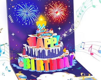 Carte d'anniversaire 3D, cartes d'anniversaire pop-up feux d'artifice avec lumières et musique, cadeau joyeux anniversaire 3D pop-up pour femmes hommes maman enfants ami