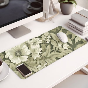 Botanical Art Nouveau Desk Mat, Sage Green Floral and Plant Desk Mat