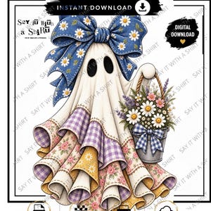 May include: A digital illustration of a ghost wearing a large blue daisy-patterned bow, a ruffled skirt with purple gingham, yellow, and floral fabric layers, holding a metal bucket filled with daisies, lavender, and pink flowers.