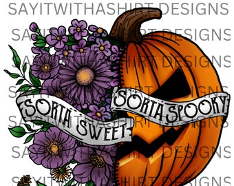 Sorta Sweet Sorta Spooky PNG – bloemenpompoen Halloween-sublimatieontwerp – schattige herfstesthetiek – herfst digitale png – Witchy retro graphic