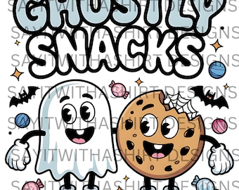 Geister Snacks PNG | Süßer Halloween Digitaler Download | Retro Ghost & Cookie Cartoon Clipart | Gruseliges Essen Design | Sublimationsdatei
