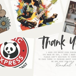 May include: A collage of images including a horror-themed illustration with a mask and butterfly, a colourful guitar player, a person in a brown t-shirt, a circular panda logo with the text ANXIETY EXPRESS, and a thank you note signed by Rachel.