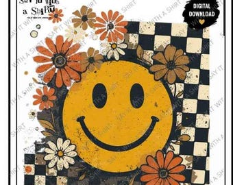 Image PNG de visage souriant, image PNG florale rétro, motif à damier, sublimation florale vintage