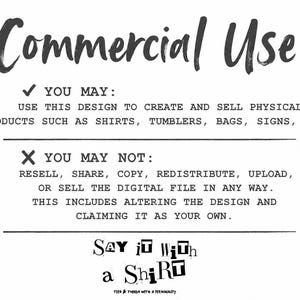 May include: A digital licence document titled Commercial Use with black text on a white background. It outlines permissions to create physical products like shirts and tumblers, and prohibitions against reselling, sharing, or copying the digital file.