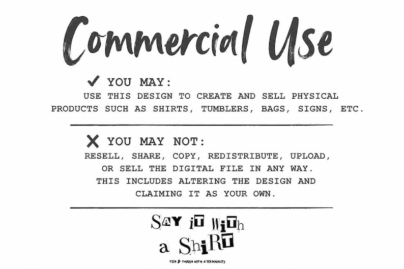 May include: A digital licence document titled Commercial Use with black text on a white background. It outlines permissions to create physical products like shirts and tumblers, and prohibitions against reselling, sharing, or copying the digital file.