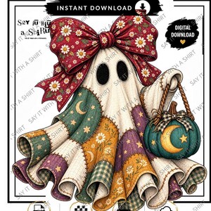 May include: A digital illustration of a ghost wearing a large red bow with white daisy patterns. The ghost is draped in a patchwork fabric featuring green, yellow, and purple sections with star, moon, and floral prints, holding a teal pumpkin bucket.