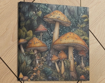 May include: A canvas print featuring a watercolor illustration of mushrooms in a forest setting. The mushrooms have tan caps with white spots and are surrounded by green foliage. The artwork is displayed on a wooden wall.