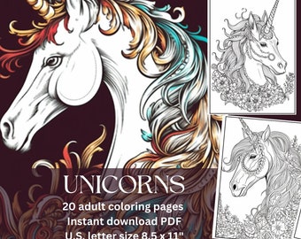 May include: A set of 20 printable coloring pages featuring intricate line drawings of unicorns with floral details. The pages are designed for adults and are sized 8.5 x 11 inches.