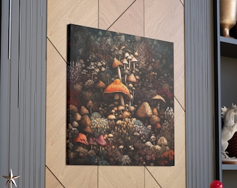 May include: A framed canvas print of a forest scene with a variety of mushrooms in shades of brown, orange, and white. The mushrooms are clustered together in a dense, overgrown area.