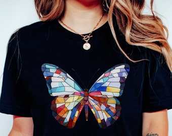 Stained Glass Butterfly Graphic Tshirt, Minimalist Butterfly Shirt, Cute Butterfly Tee