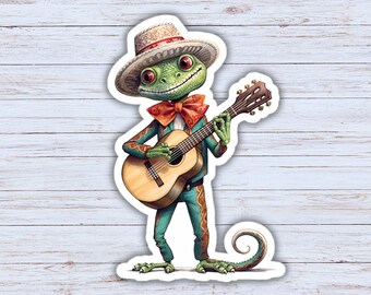 Gecko Playing a Guitar Sticker, Quirky Animal Sticker, Funny Animal Stickers, Lizard Sticker