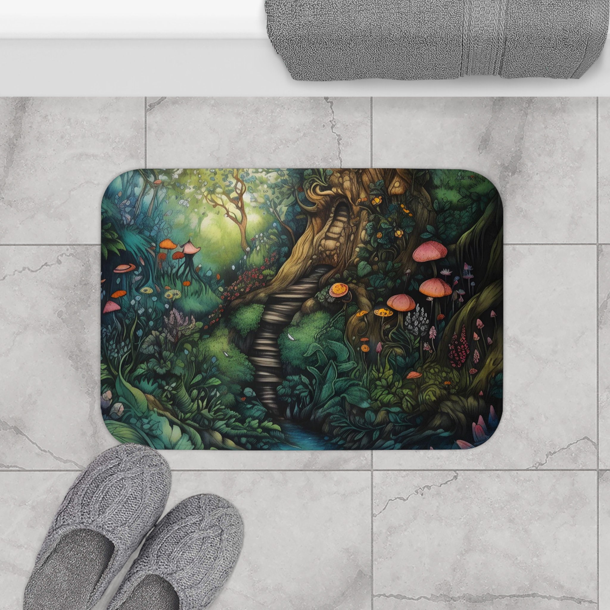 Enchanted Forest Fantasy Nature Bath Mat, Forest Bath Rug, Mushroom Forest, Cottagecore, Nature ...