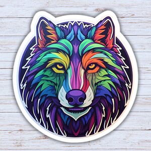 Stained Glass Wolf Head Sticker, Rainbow Wolf, Laptop Vinyl Sticker, PC Decal, Psychedelic Colors Wolf Art Sticker, Water Bottle Sticker