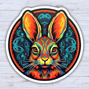 Mystery Bunny Rabbit Head Sticker, Psychedelic Colors Rabbit Sticker, Laptop Vinyl Decal, PC Sticker