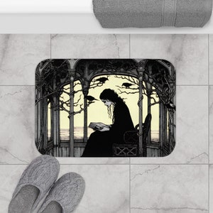 Reading Poe With Ravens Bath Mat, Goth Decor, Storybook Decor, Fantasy Decor