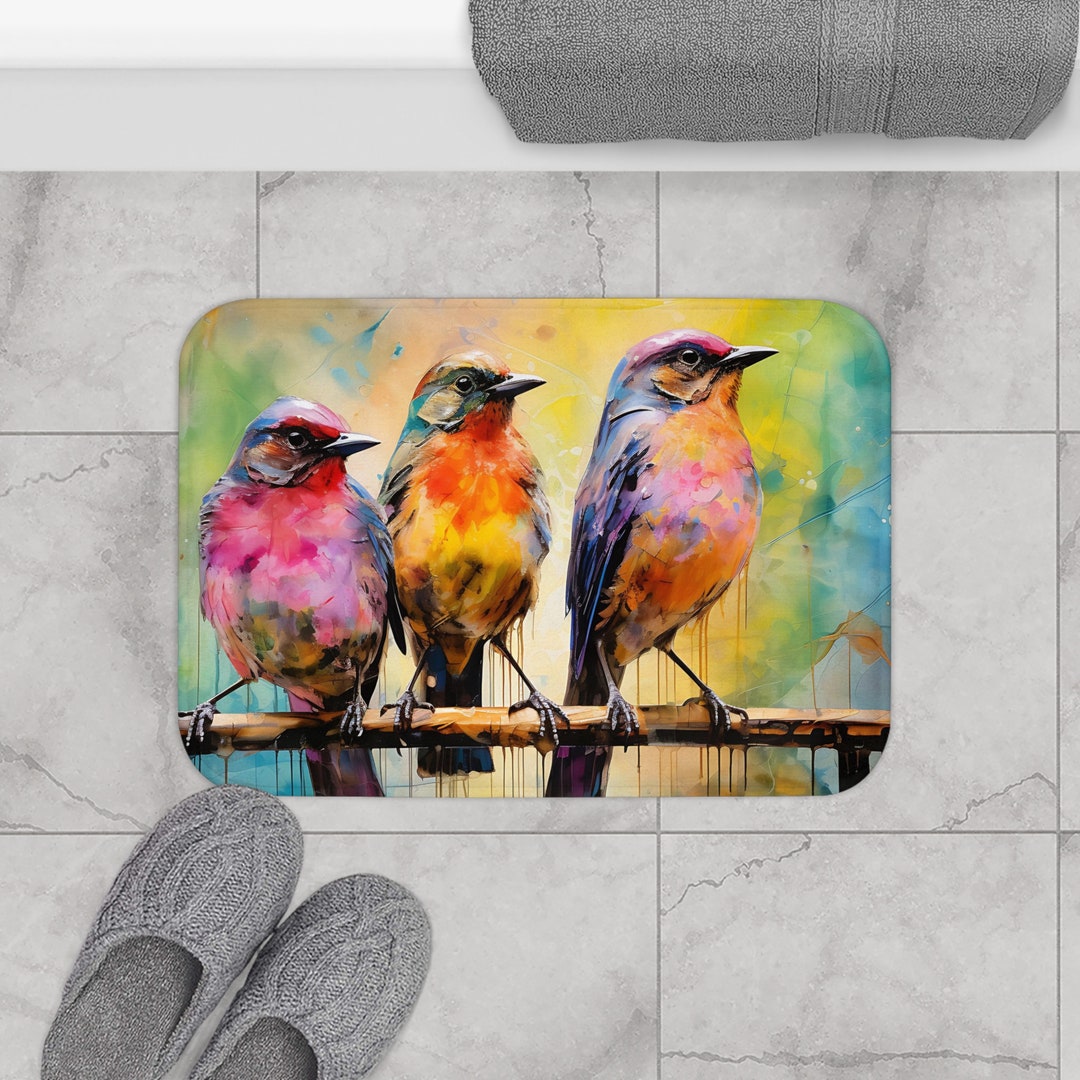 Birds Bath Mat, Birds Watercolor Art Decor, Cozy Dorm Room Decor for ...