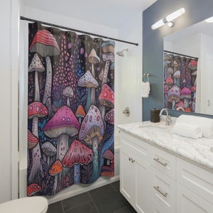 Forest Mushroom Shower Curtain | Whimsical Cottagecore Mushroom Bathroom Decor | Housewarming, Mother&#39;s Day Gift | Fantasy, Fairycore