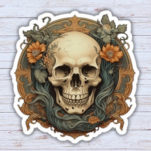 Vintage Skull With Flowers Sticker, Floral Skull Sticker, Goth Sticker, Creepy Dark Laptop Sticker, Halloween Sticker, Vinyl PC Sticker