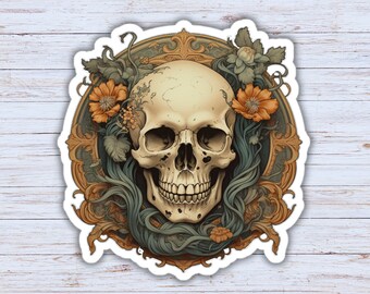 Vintage Skull With Flowers Sticker, Floral Skull Sticker, Goth Sticker, Creepy Dark Laptop Sticker, Halloween Sticker, Vinyl PC Sticker