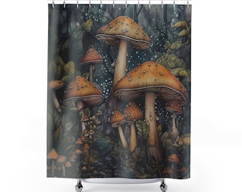 May include: A shower curtain featuring a dark forest scene with a cluster of orange and brown mushrooms with white spots. The mushrooms are of various sizes and are arranged in a cluster in the center of the image. The background is a dark green and blue color with a subtle pattern of white dots.