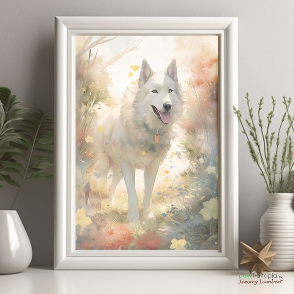 White Dog's Global Journey: WallArt, Whimsical World Adventure, Charming HomeDecor Print