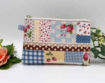 Cute strawberry patch pattern zipper pouch, made in Japan, perfect for makeup or small items. C
