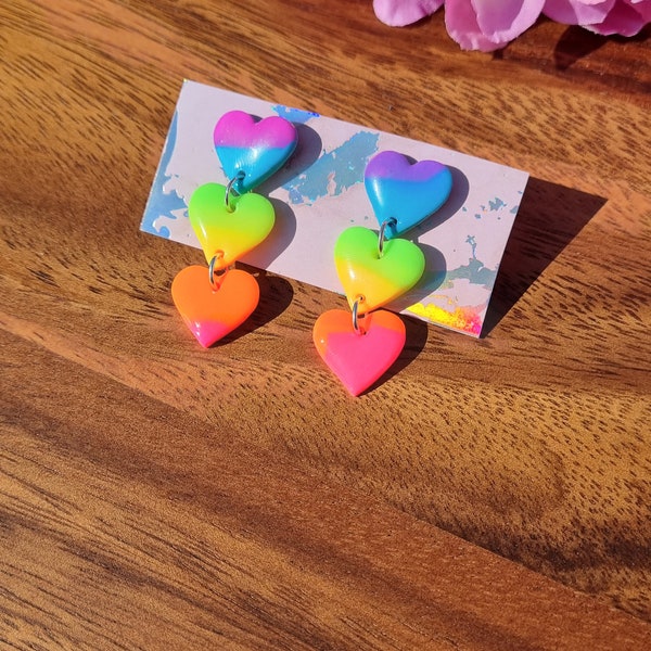 Neon rainbow dangle earrings, UV glow, pride earrings, rainbow ombre, festival earring studs, small dangle drop, hippie earrings