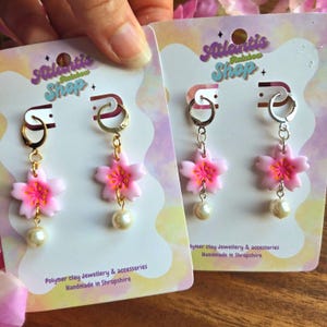Cherry blossom dangle earrings, clay pink flower earrings, huggie hoop flower dangle earrings, spring flower earrings