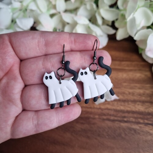 Handmade Polymer Clay Cat Ghost Earrings, Halloween Costume Jewelry