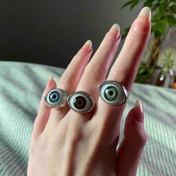 Anneau pour les yeux-Bague oeil boule-Bague mauvais œil-Bijoux bizarreries-Bague pour les yeux-Bague punk-Bague pour les yeux en argent-Bijoux gothiques-Bague pour les yeux réalistes-Mauvais oeil