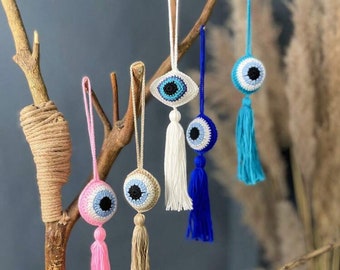 Crochet Evil Eye Car Mirror Hanging-Handmade Knitted-Car Charm-Book Mark-Car Decor-Evil Eye Decor-Evil Eye Charm-Window Charm-Bag Charm-