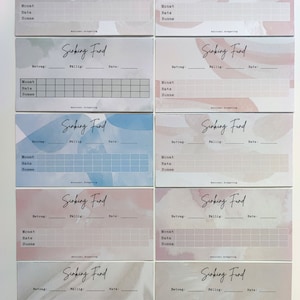 May include: Set of ten printable sinking fund trackers with watercolor backgrounds. Each tracker has fields for amount, due date, rate, month, and total. The trackers are designed for personal budgeting.