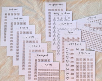 May include: A set of printable money saving challenge trackers in a minimalist style. The trackers are designed to help you save money in small amounts, such as 1 Euro, 2 Euro, 5 Euro, 10 Euro, 20 Euro, 50 pence, 1 Euro, 2 Euro, 5 Euro, 10 Euro, 20 Euro, 50 Euro, 100 Euro, 200 Euro, 250 Euro, 500 Euro, and 1000 Euro. The trackers are printed on white paper with a light brown background.
