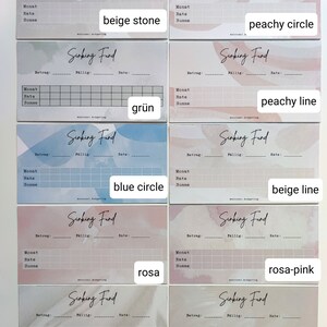 May include: Ten printable sinking fund trackers with different watercolor backgrounds. The backgrounds include beige stone, peachy circle, peachy line, blue circle, beige line, rosa, rosa-pink, sand, and hellbraun. Each tracker has a grid for tracking monthly savings.