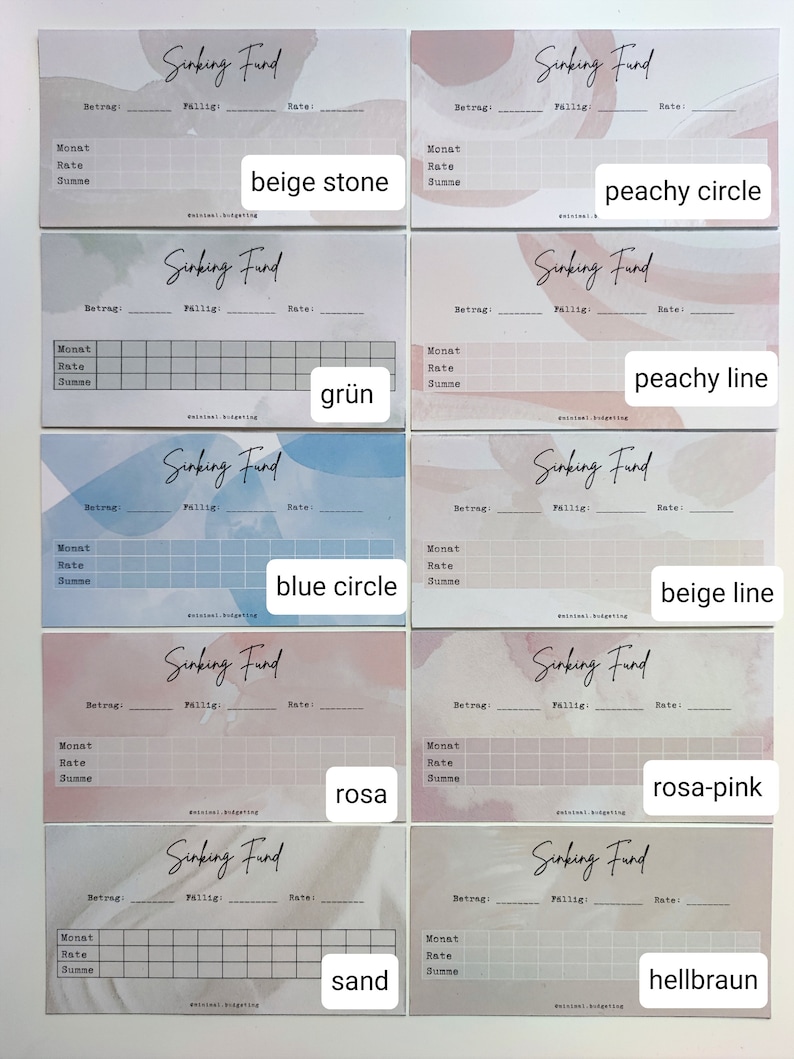 May include: Ten printable sinking fund trackers with different watercolor backgrounds. The backgrounds include beige stone, peachy circle, peachy line, blue circle, beige line, rosa, rosa-pink, sand, and hellbraun. Each tracker has a grid for tracking monthly savings.