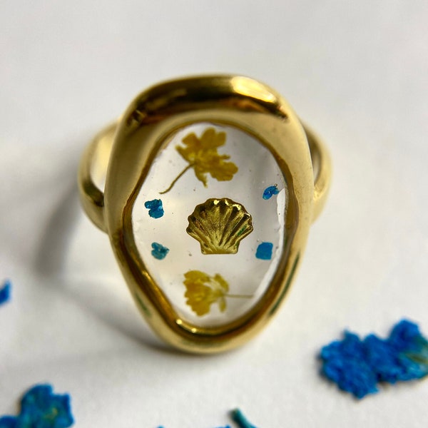 Bague en résine et fleur séchée jaune bleue - Acier inoxydable - Collection RAYONNANTE