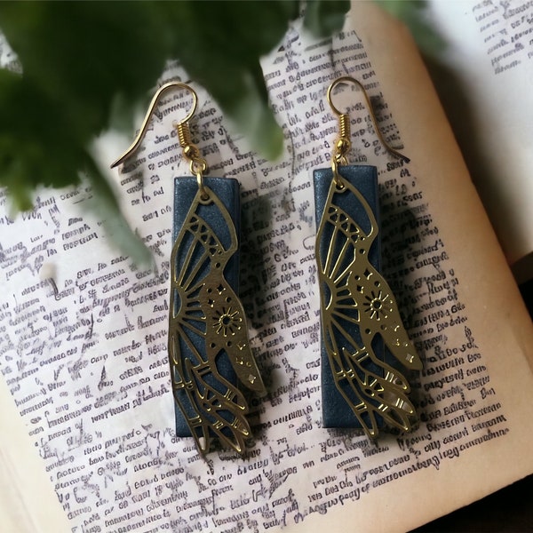 Dangling Shimmery Gray Clay & Gold Brass Hand Pendant Earrings – Statement Jewelry