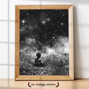 Los sueños cósmicos de un niño / Cielo nocturno estrellado / Imaginación, esperanza, maravilla / Boceto en blanco y negro / Arte realista / Descarga imprimible hasta 24"w x 36"h.