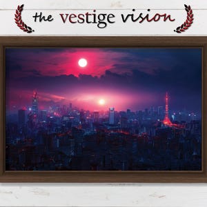 May include: A framed print of a cityscape at night with two red moons in the sky. The city is lit up with lights and there are tall buildings in the distance. The text "The Vestige Vision" is at the top of the frame.