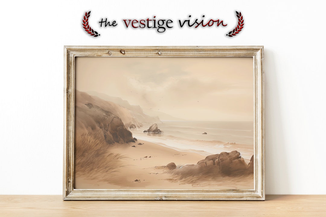 Vintage Coastal Beach Landscape Wall Art Painting Sepia Tones Digital