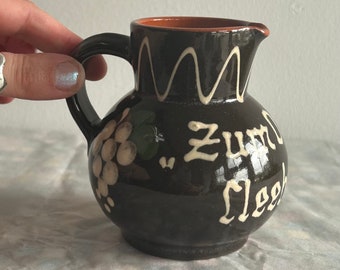 Vintage German Ceramic Jug - Zum Ochsen Cleebronn - Traditional Folk Pottery, Rustic Grape Pattern Handpainted Kitchen Decor