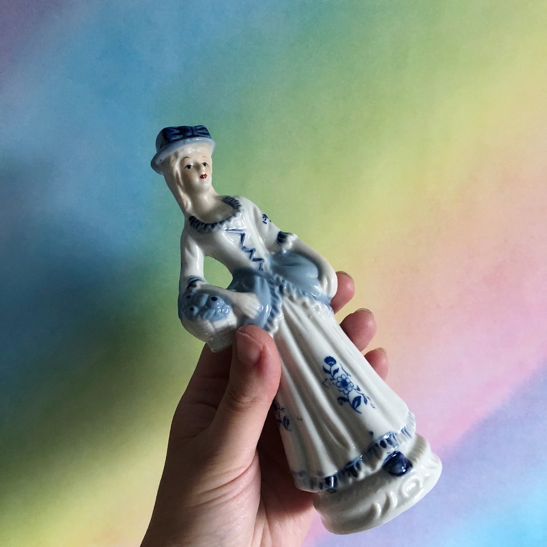 Vintage Porcelain Lady Figurine - Blue and White Decorative