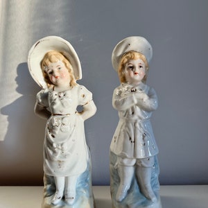 Vintage Set of Spill Holders Ceramic Girl & Boy, German Imperial Antique Fairing Figurines, Late 1800s Mantle Ornaments, Match Container image 1