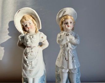 Vintage Set of Spill Holders - Ceramic Girl & Boy, German Imperial Antique Fairing Figurines, Late 1800’s Mantle Ornaments, Match Container