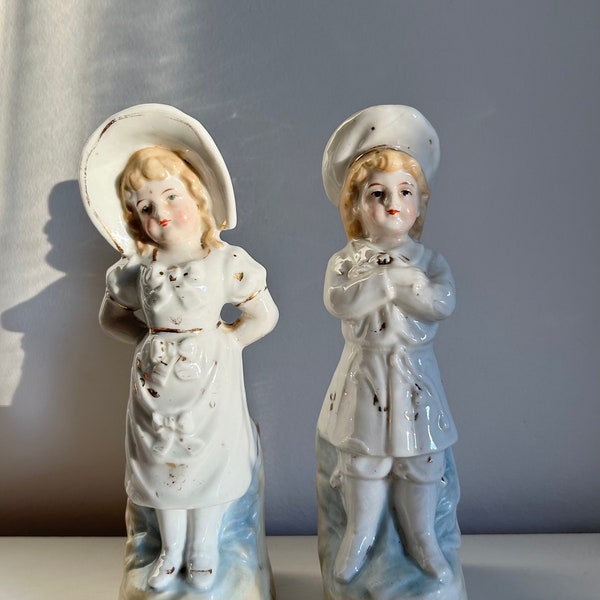 Vintage Set of Spill Holders - Ceramic Girl & Boy, German Imperial Antique Fairing Figurines, Late 1800’s Mantle Ornaments, Match Container