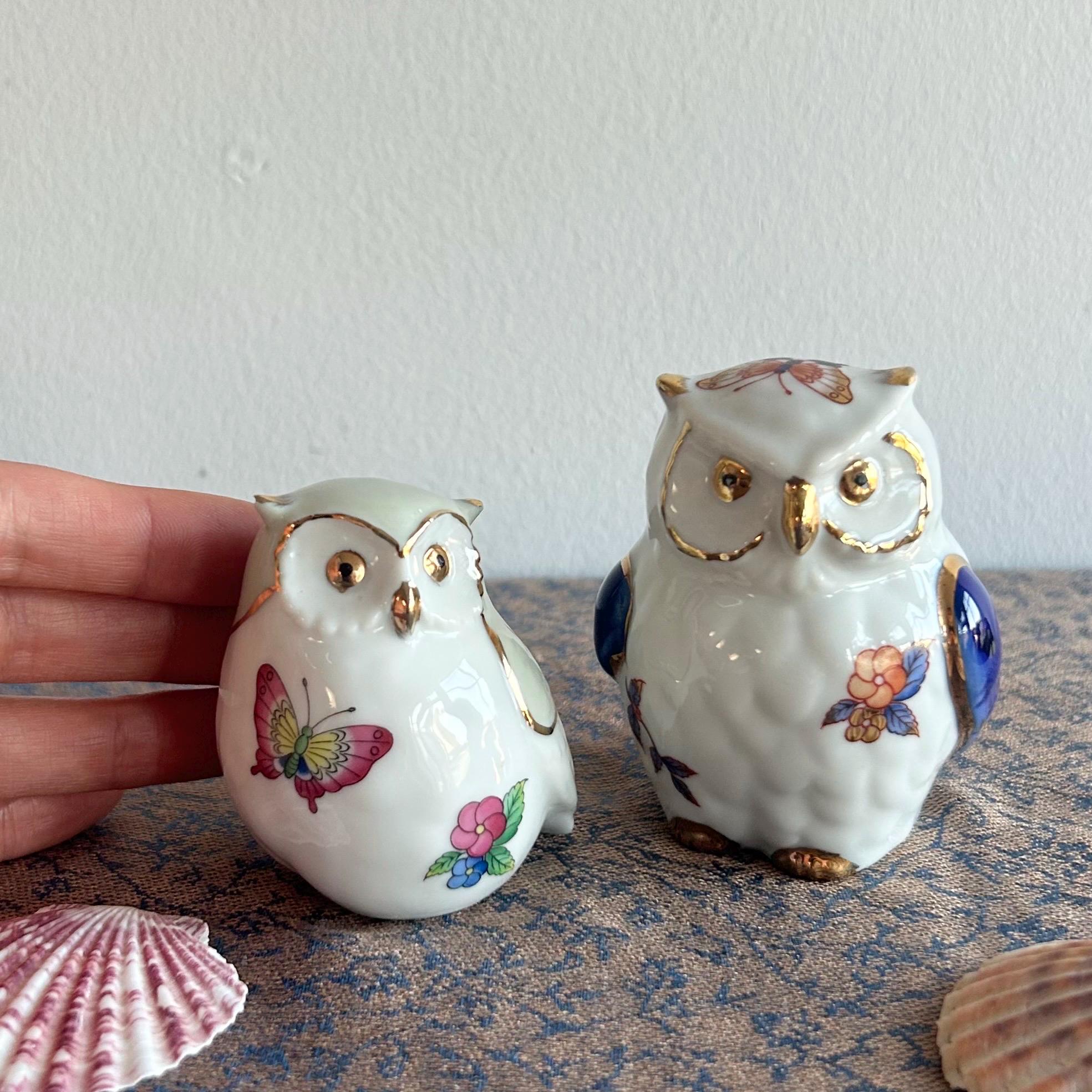 Vintage Owl Figurines - Set of 2 Porcelain Ceramic Ornaments, Floral motif - Cute Retro Ornamental B